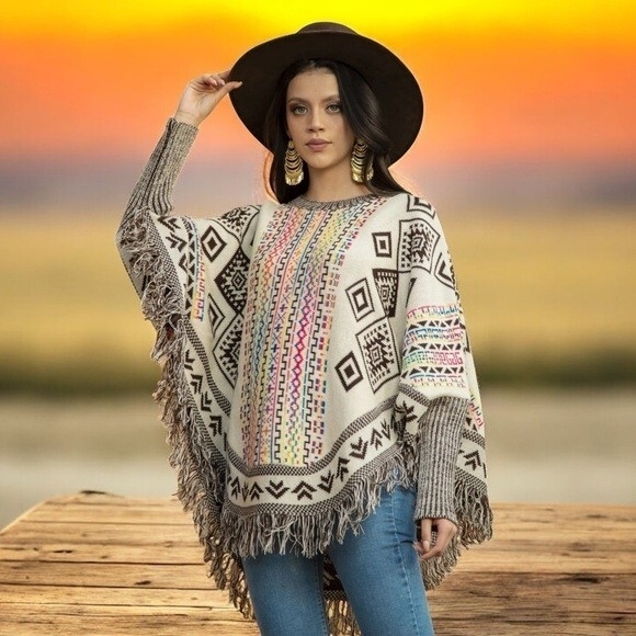 Artisan Sweaters - Women's Geometric Tribal Aztec Rainbow Fringe Poncho Tan Knit One Size Excellent